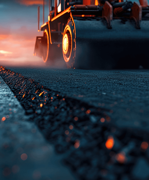 Road construction equipment beside a paved surface