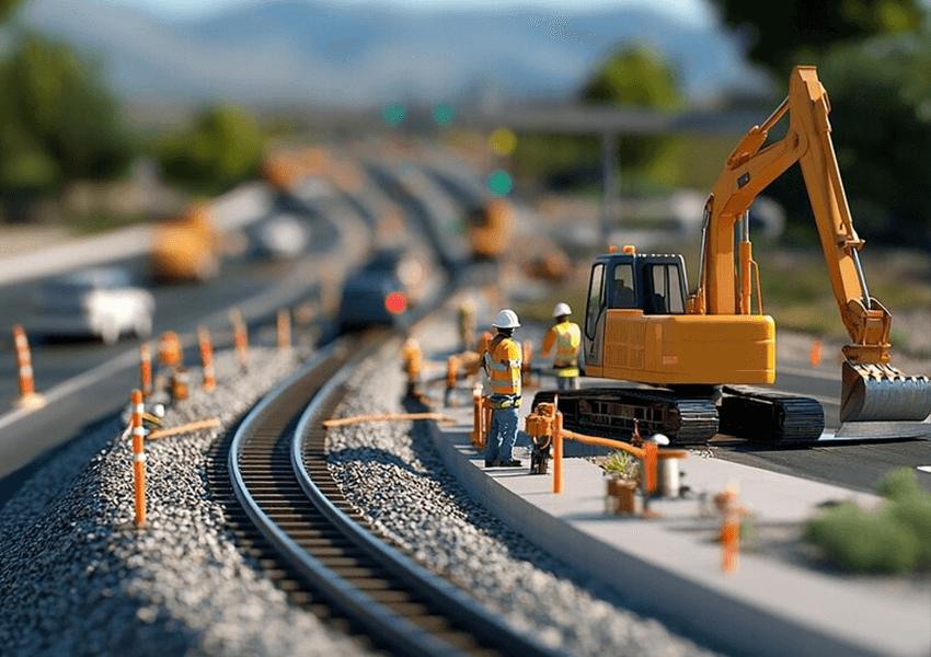 Heavy equipment placing pavement on a roadway construction site